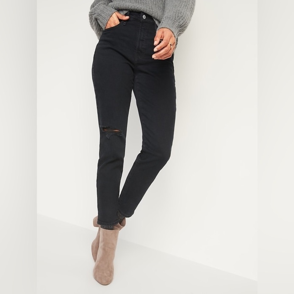 Old Navy O.G. straight high rise black distressed ripped denim jeans